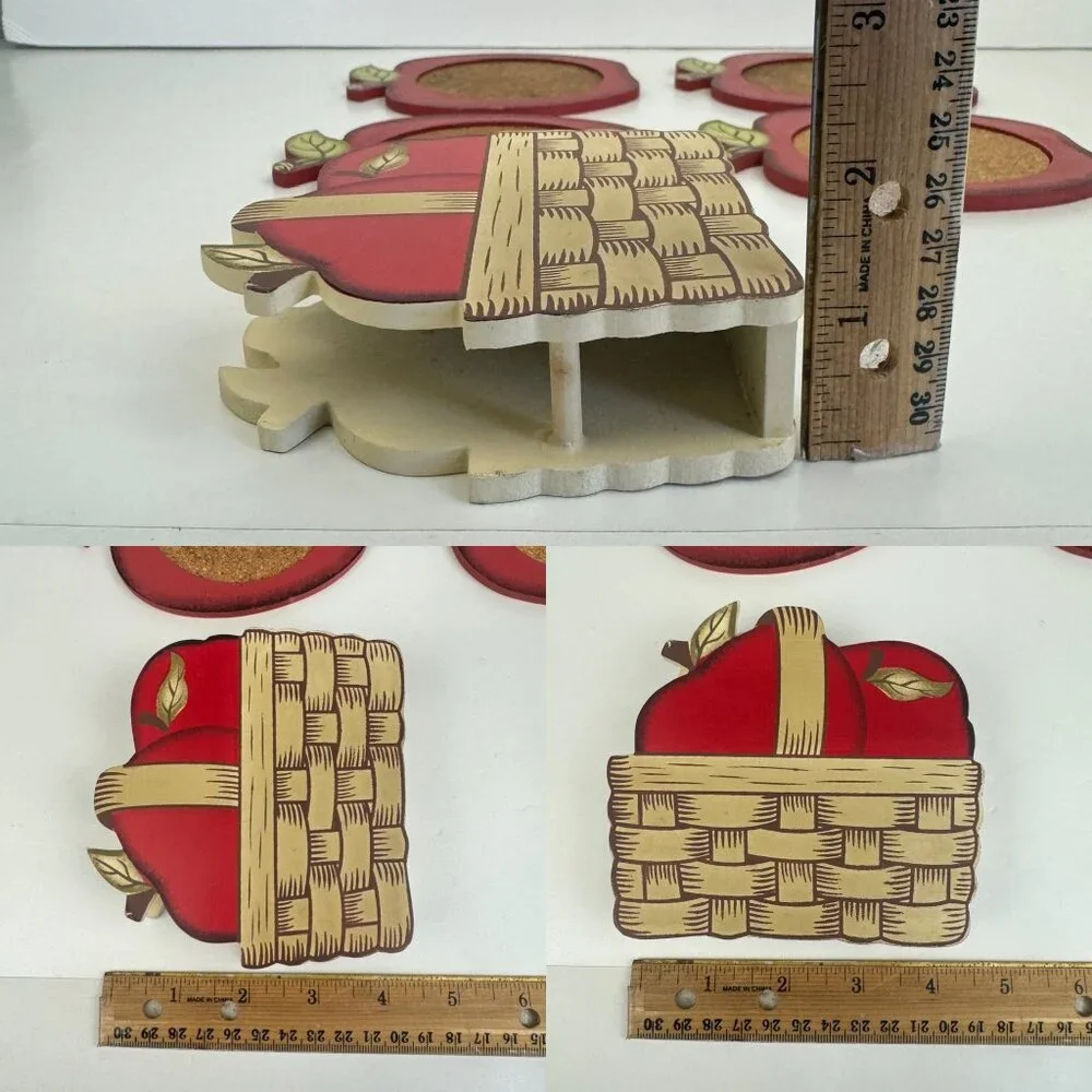 Vintage Set of 4 Red Apple Shape Coasters Wood Cork in Apple Basket Holder Theme